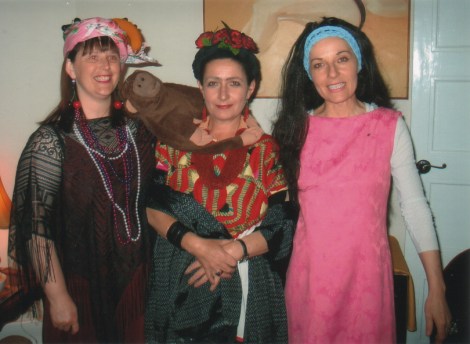 FABULOUS FASHIONISTAS The Brysha sisters seen at Tijuana Party, l-r Marta, as Carmen Miranda, Mihaela as Frida Kahlo, sporting monobrow and monkey and Blazenka, in her award-winning Priscilla Presley costume. (Detailing: dodgyen's wig-Toyworld, Werribee; damask cotton shift - McCalls pattern, Lincraft fabric; headband - $2 shop, Balaclava; huge ring that swayed the judges - heirloom paste glass brooch on bandaid; spenser - old, not worn at Parkes. 