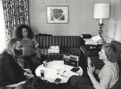 Rock & roll career: Interviewing Flo & Eddie Southern Cross Hotel, 1976. (L-R) Howard Kaylan (Eddie), Mark Volman (Flo), Blazenka Brysha. Scoop - originally Kaylan was the Phlorescent Leech and Volman was Eddie but a proofreading error swapped their names in print. These stage names were initially used for appearances with Frank Zappa's Mothers of Invention, when contractural obligations relating to their former band, The Turtles, prevented them from using their real names.